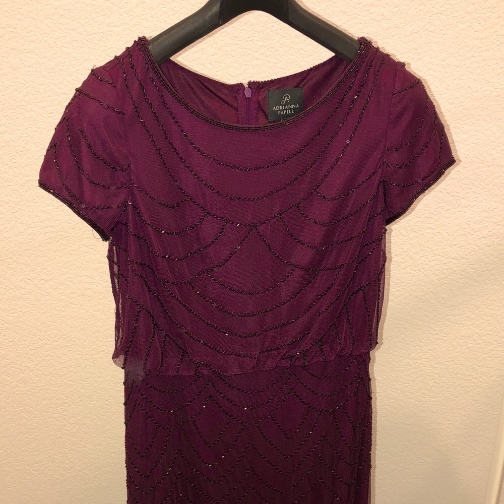 Adrianna Papell Plum Beaded Overlay Dress